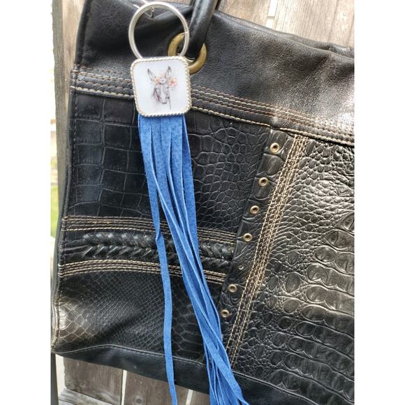Handmade mule lover boho Leather Fringe Western bag charm, Long fringe keychain - Picture 2 of 5